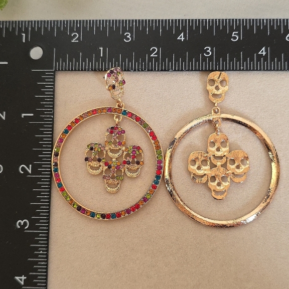 Large Statement Gold Multi Color Hoop Earrings With Skulls - Picture 5 of 8